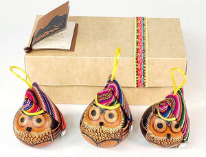 Set of 3 Margarita & Martha Dried Mate Gourd Owls w/Hats Handcrafted Ornaments